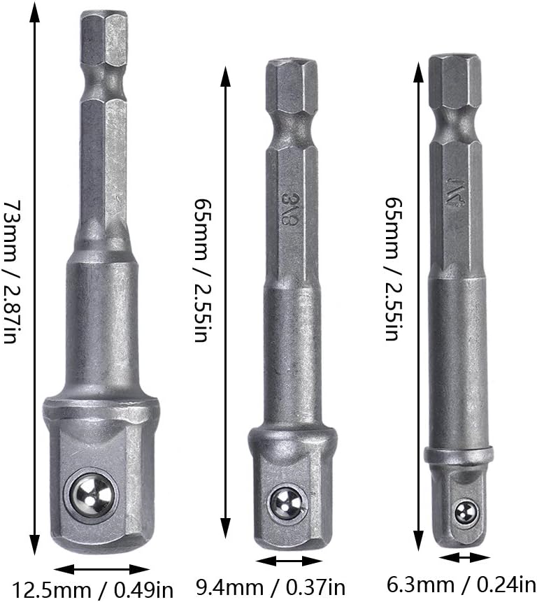 woobles Socket Bit Adapter, 3Pcs Socket Adapter 1/4” Hex Shank to 1/4" 3/8" 1/2" Square Head Drill Bit Driver(Silver) - Image 3
